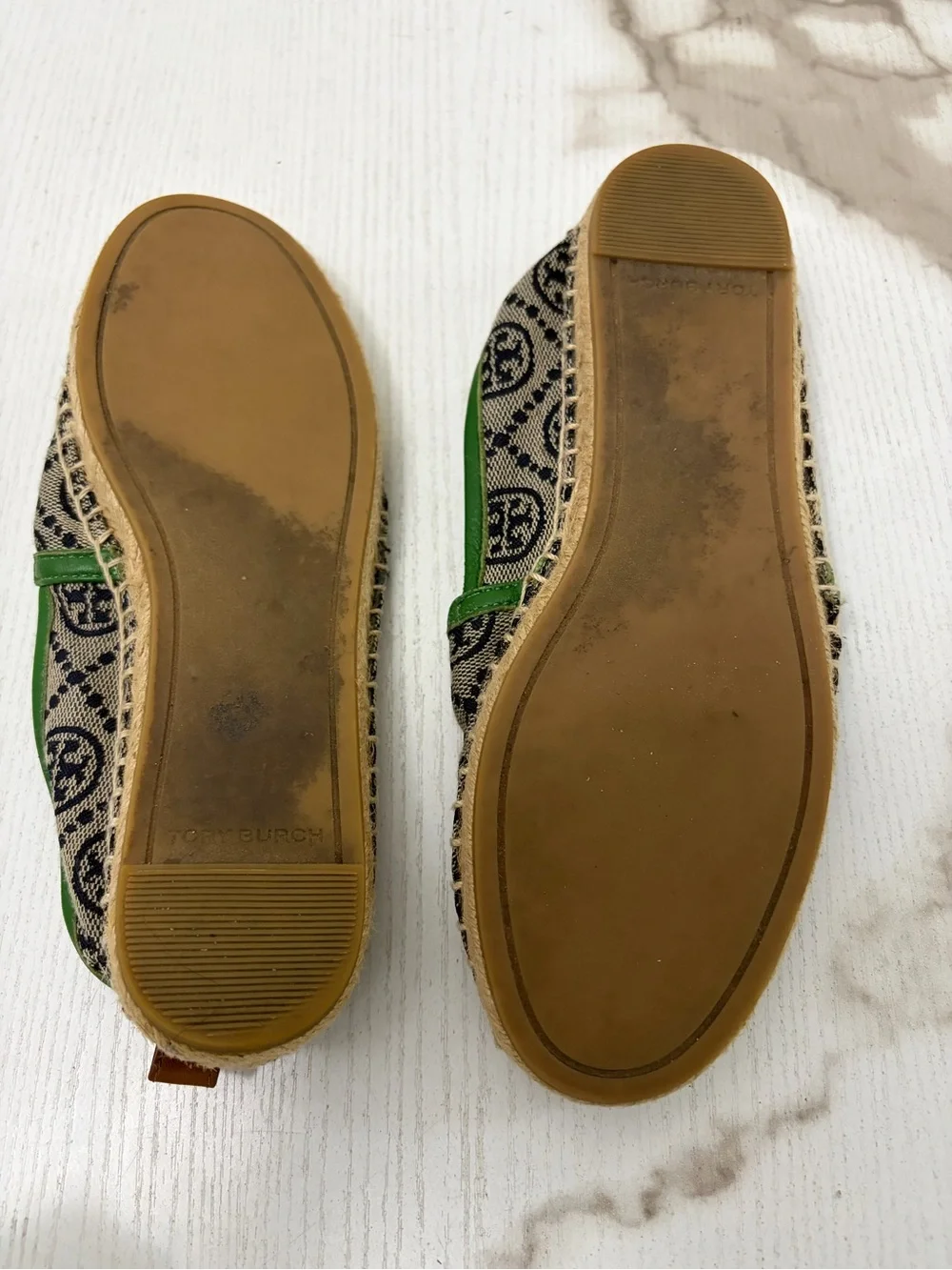 Tory Burch T Monogram Espadrille Flats Green Trim Navy Canvas Size 6.5M 5595